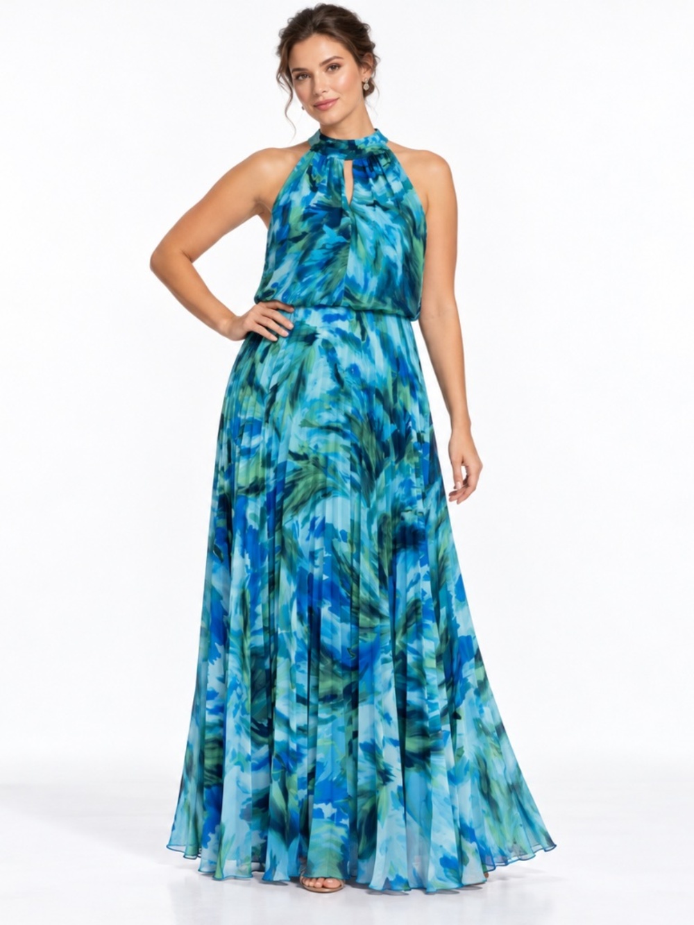 Xscape - Chiffon Watercolor Print Halter Pleated Blouson Gown